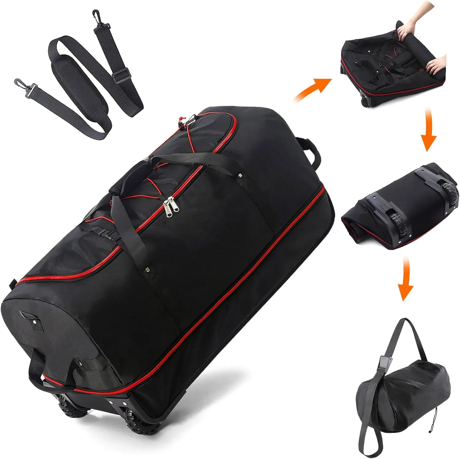 32" 110L Expandable 140L Soft-Sided Rolling Duffle Bag, Foldable Extra Large Sport Bag with 2-Inline Wheels, Black-Red