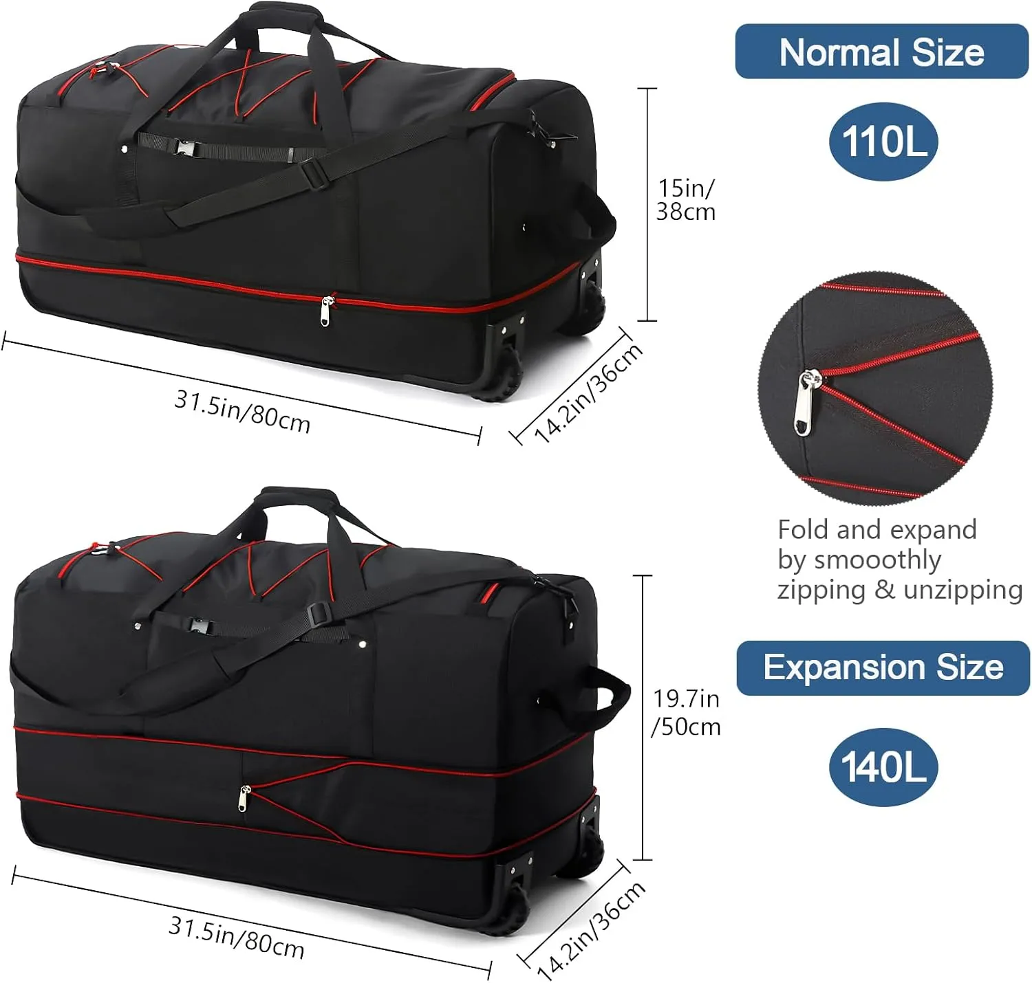 32" 110L Expandable 140L Soft-Sided Rolling Duffle Bag, Foldable Extra Large Sport Bag with 2-Inline Wheels, Black-Red