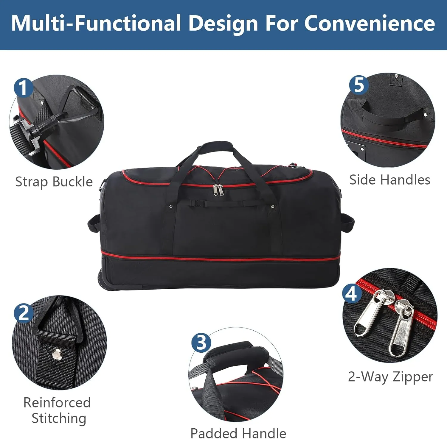 32" 110L Expandable 140L Soft-Sided Rolling Duffle Bag, Foldable Extra Large Sport Bag with 2-Inline Wheels, Black-Red