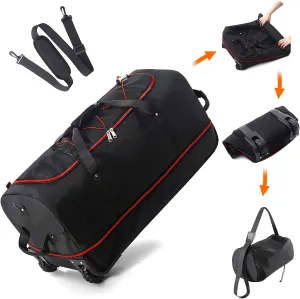 32" 110L Expandable 140L Soft-Sided Rolling Duffle Bag, Foldable Extra Large Sport Bag with 2-Inline Wheels, Black-Red