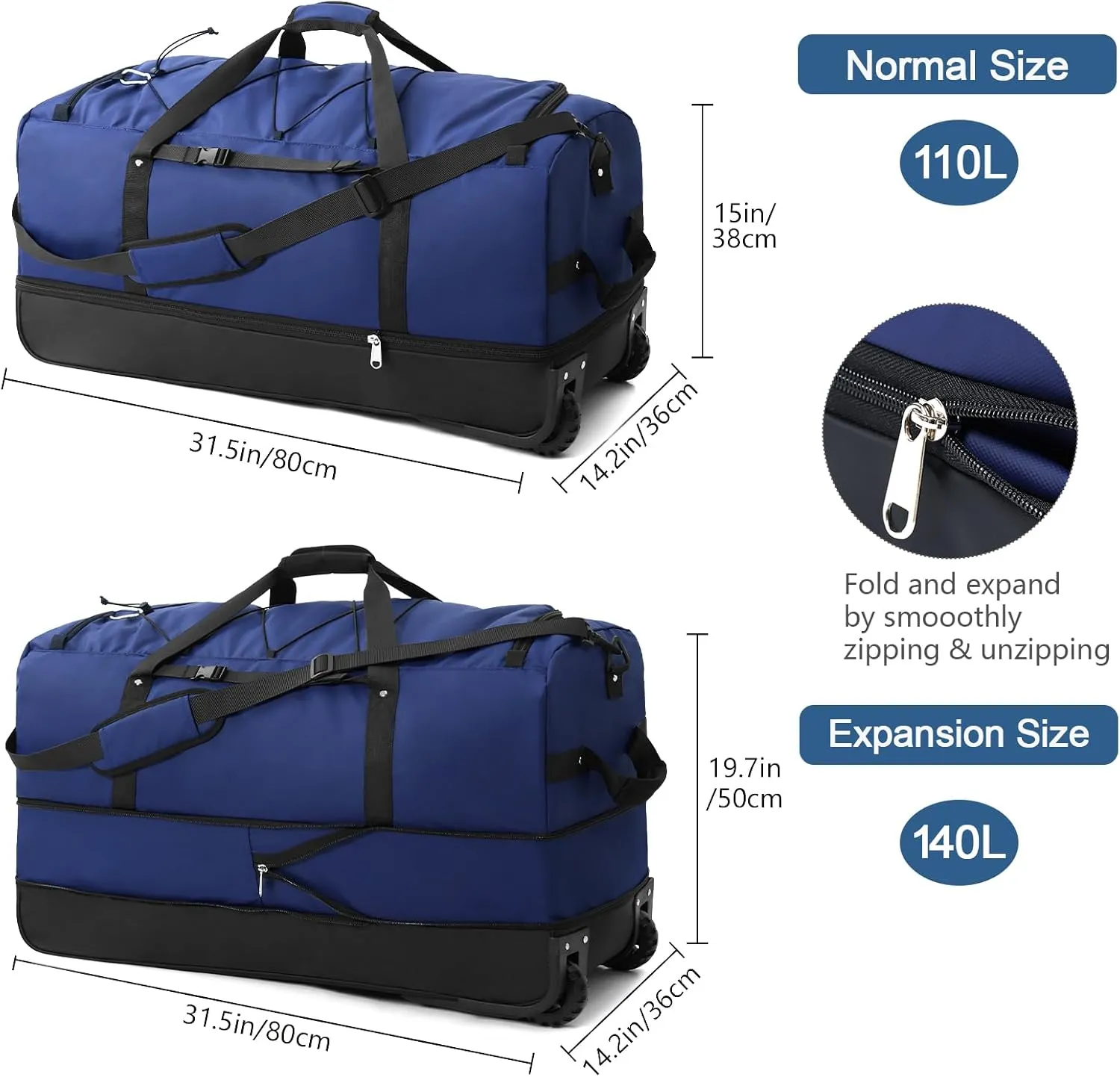 32" 110L Expandable 140L Soft-Sided Rolling Duffle Bag, Foldable Extra Large Sport Bag with 2-Inline Wheels, Navy