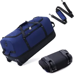 32" 110L Expandable 140L Soft-Sided Rolling Duffle Bag, Foldable Extra Large Sport Bag with 2-Inline Wheels, Navy