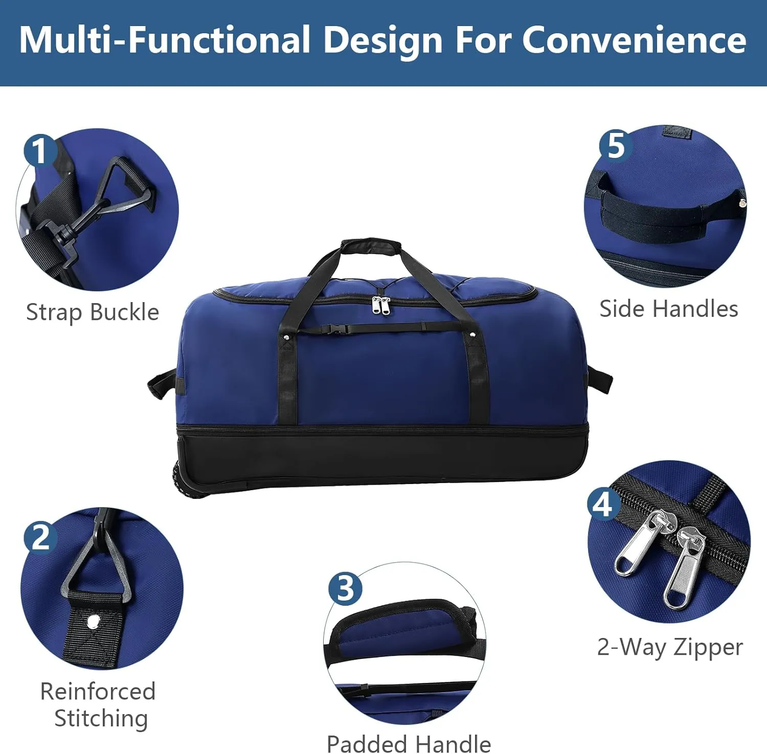 32" 110L Expandable 140L Soft-Sided Rolling Duffle Bag, Foldable Extra Large Sport Bag with 2-Inline Wheels, Navy
