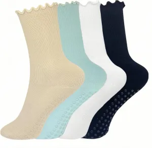 4 Pairs Pilates Socks with Grips for Women Non Slip Ruffle Yoga Socks