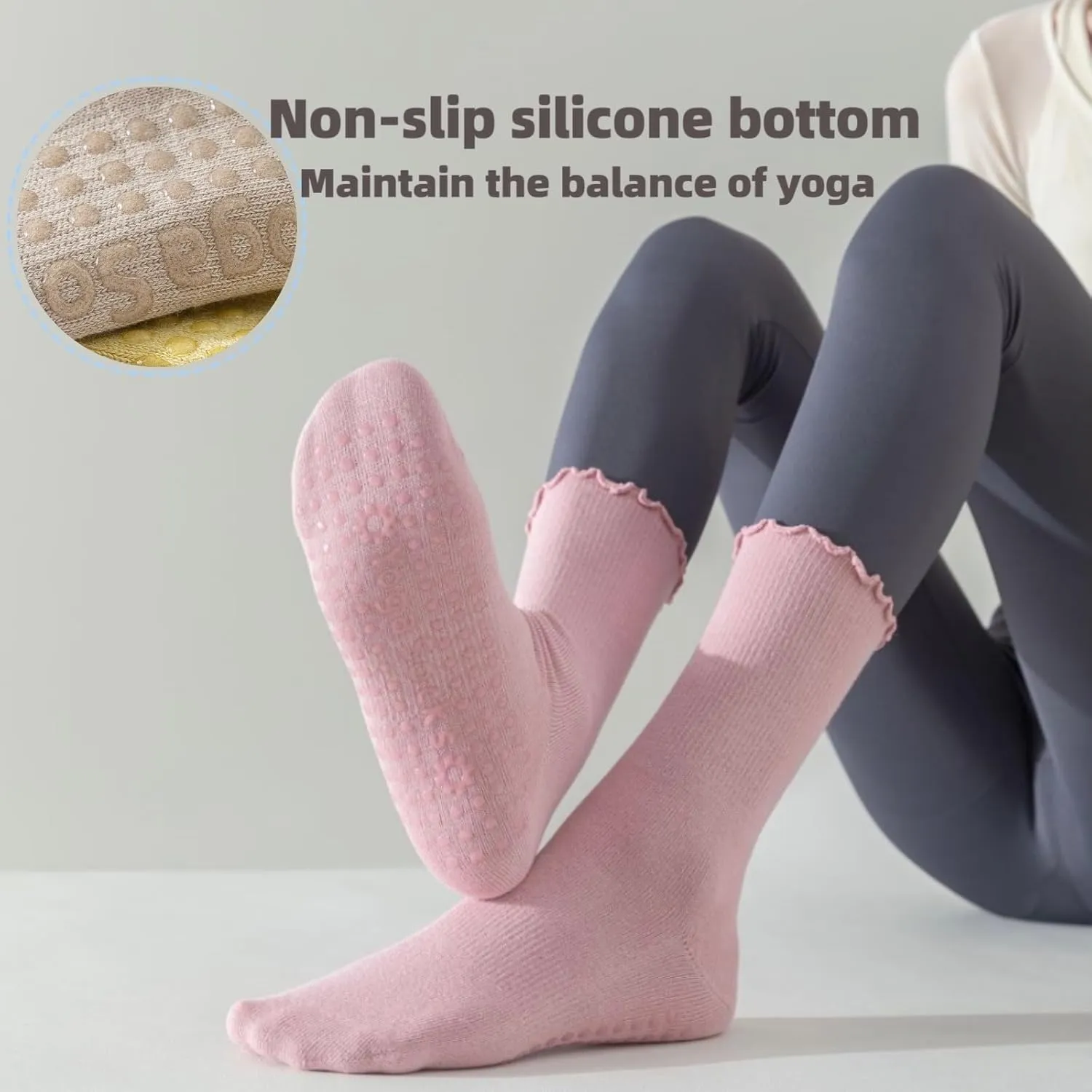 4 Pairs Pilates Socks with Grips for Women Non Slip Ruffle Yoga Socks