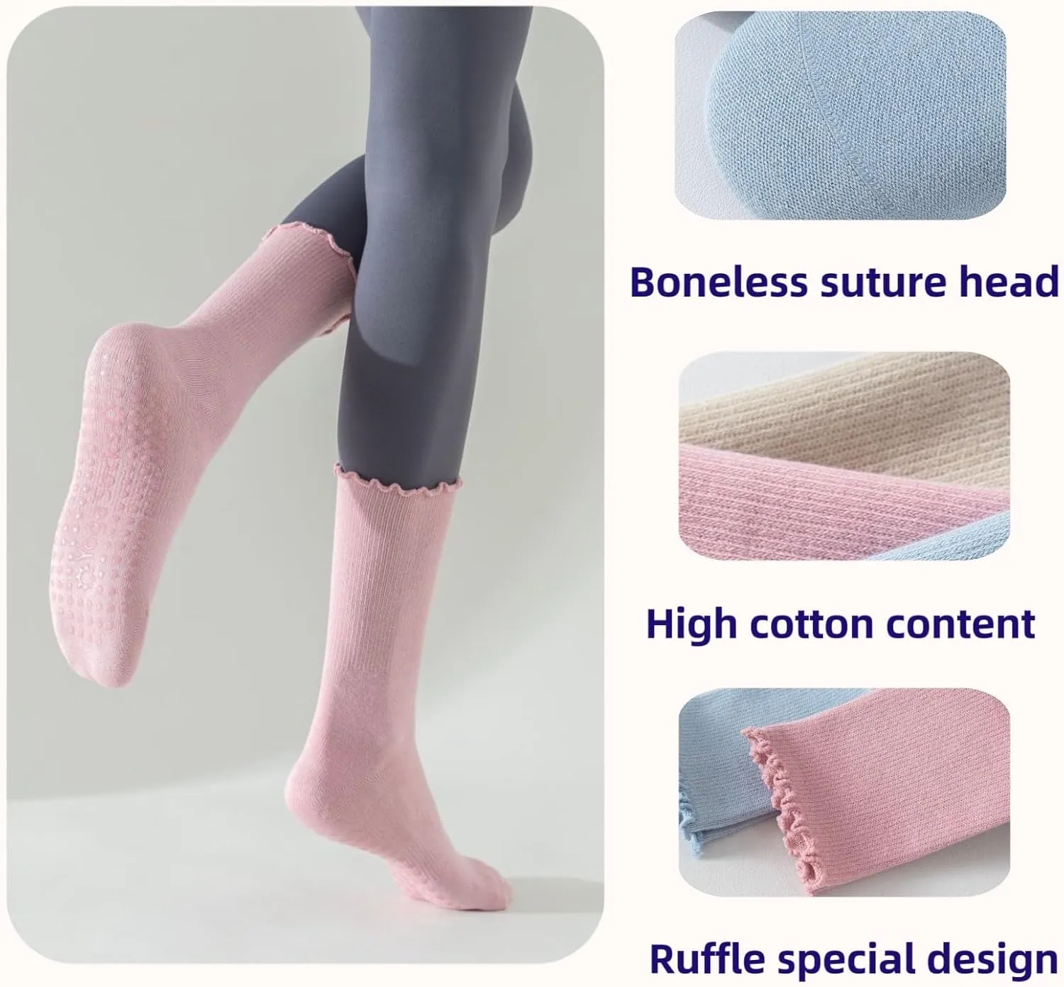 4 Pairs Pilates Socks with Grips for Women Non Slip Ruffle Yoga Socks