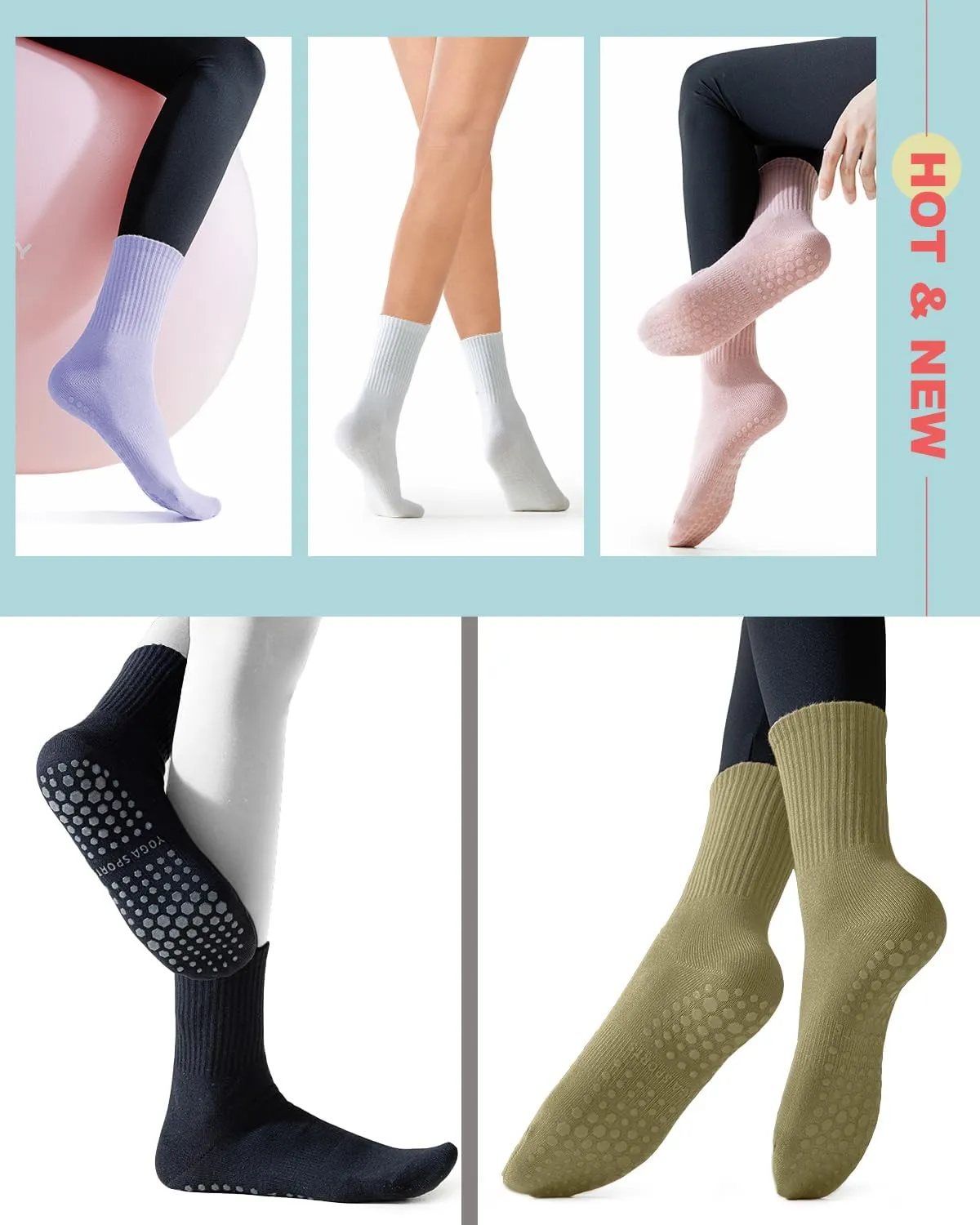 5 Pairs Pilates Grip Socks Yoga Socks with Grips for Women, Non-Slip Athletic Socks for Ballet, Dance, Workout, Hospital