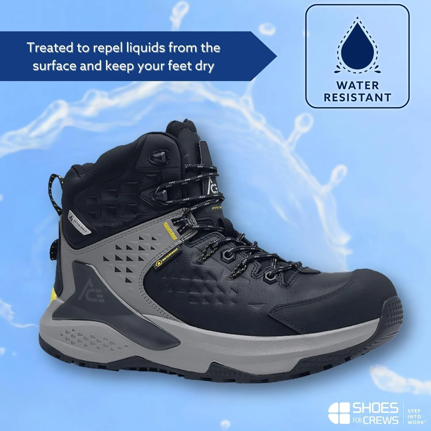 ACE Work Boots Arrow, Men's 6" Nano Composite Toe (NCT) Slip Resistant Work Boots, Water Resistant, Black