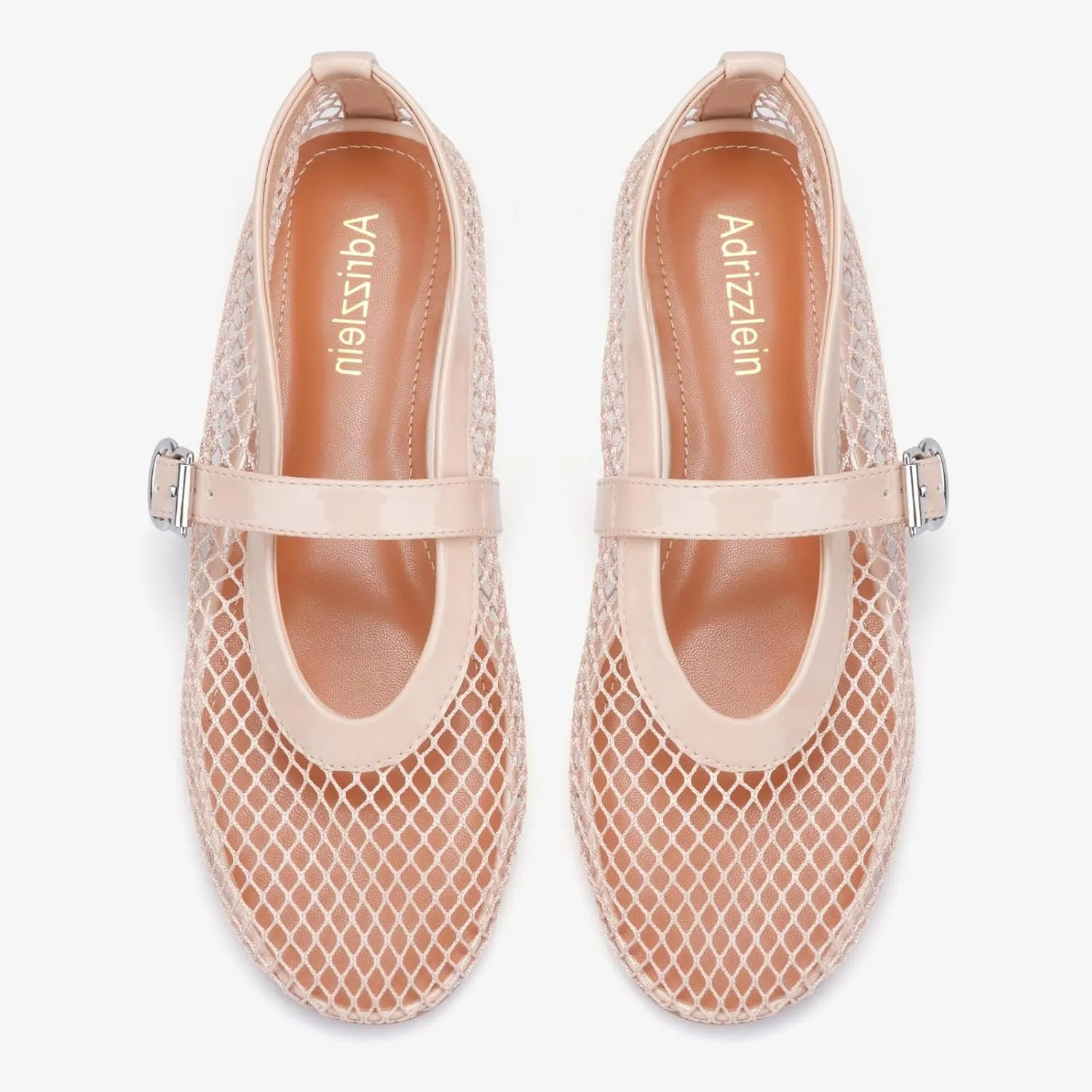 Adrizzlein Mesh Ballet Flats for Women Fishnet Ballerina Flats Buckle Strap Mesh Ballet Shoes Wide Width Casual Summer Dress Flat Shoes