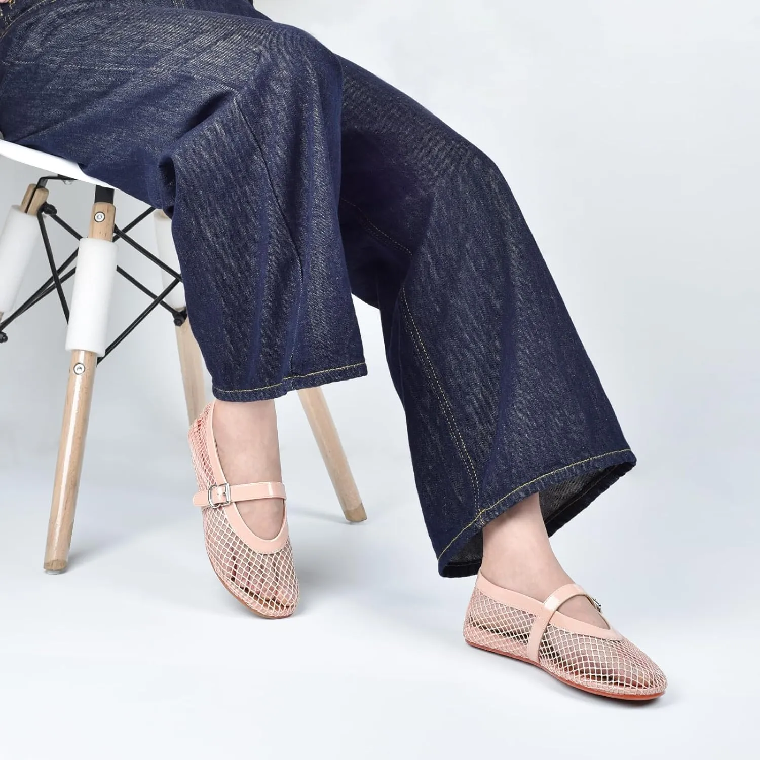 Adrizzlein Mesh Ballet Flats for Women Fishnet Ballerina Flats Buckle Strap Mesh Ballet Shoes Wide Width Casual Summer Dress Flat Shoes