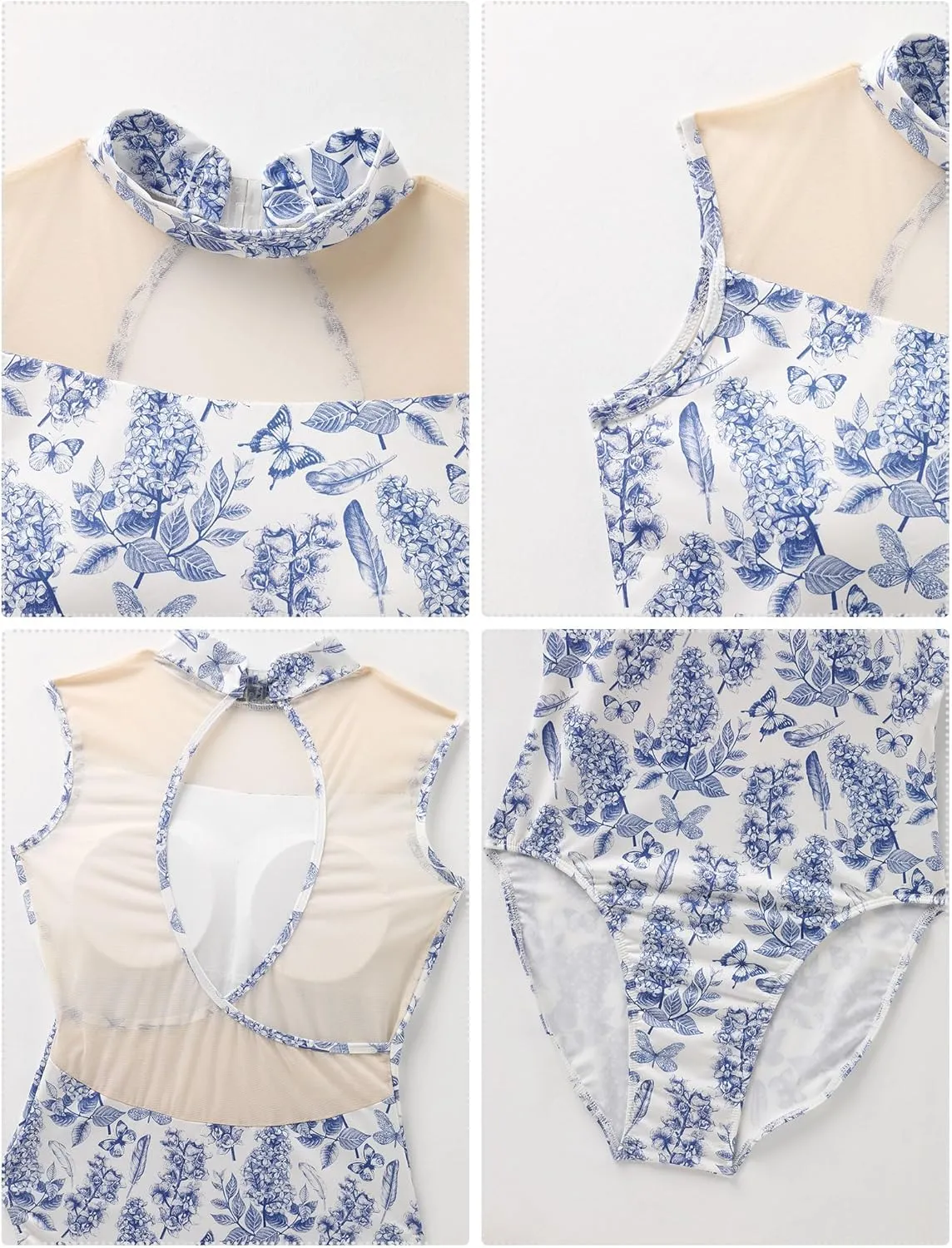 AFAVOM Ballet Leotards for Women Floral Print Dance Leotard Mesh Backless Bodysuit Adult Ballerina Gymnastics Dancewear Tops