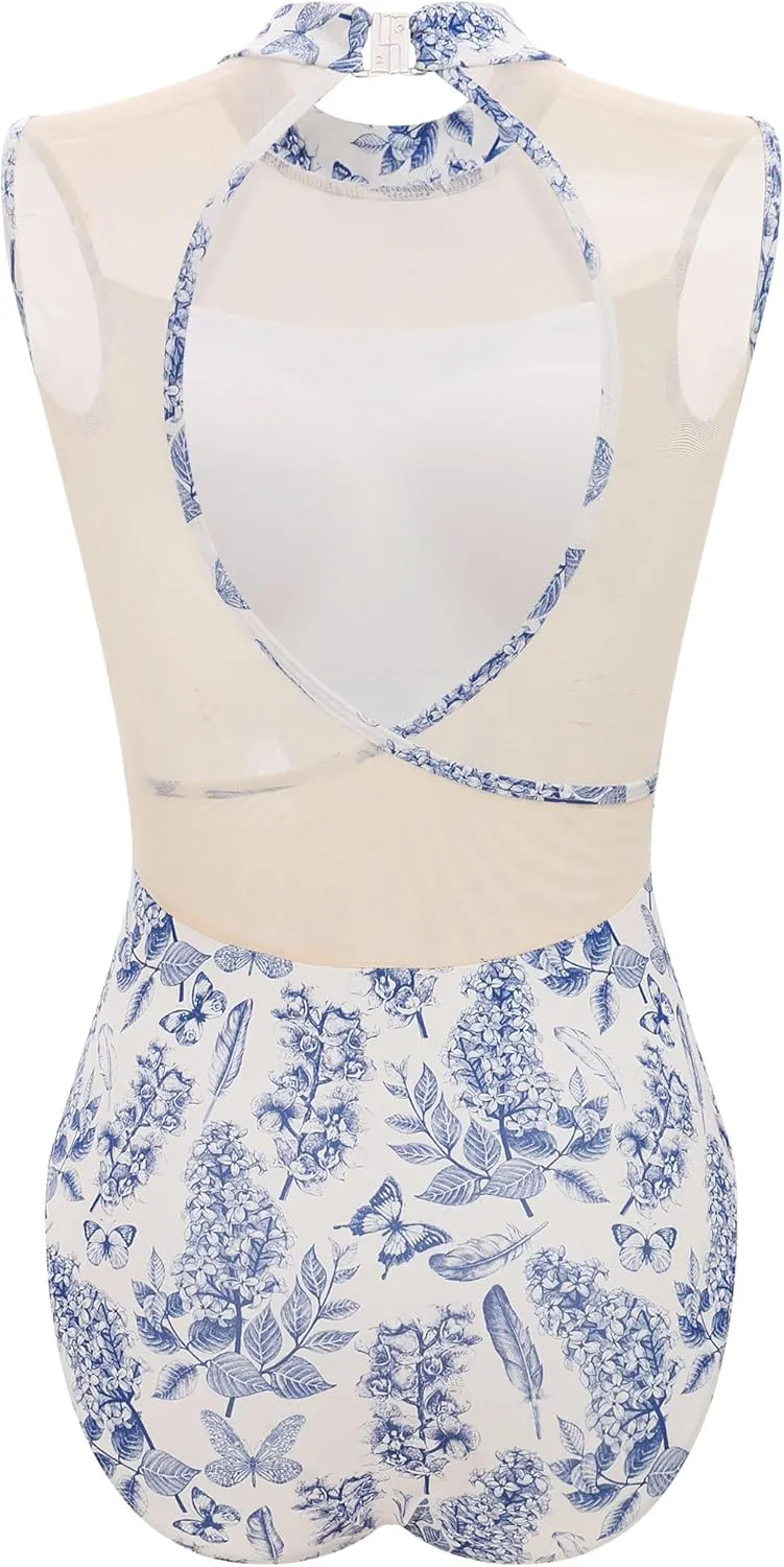 AFAVOM Ballet Leotards for Women Floral Print Dance Leotard Mesh Backless Bodysuit Adult Ballerina Gymnastics Dancewear Tops