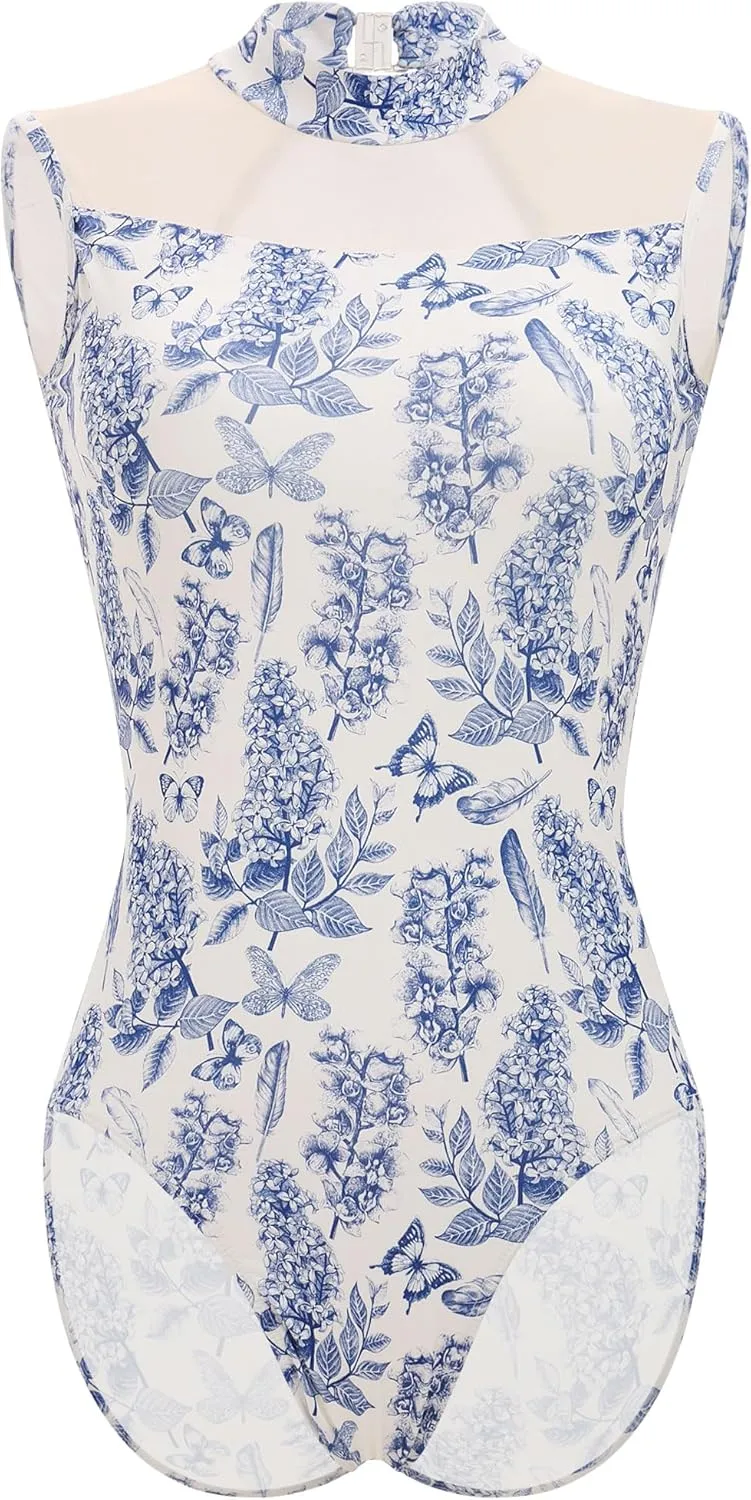 AFAVOM Ballet Leotards for Women Floral Print Dance Leotard Mesh Backless Bodysuit Adult Ballerina Gymnastics Dancewear Tops