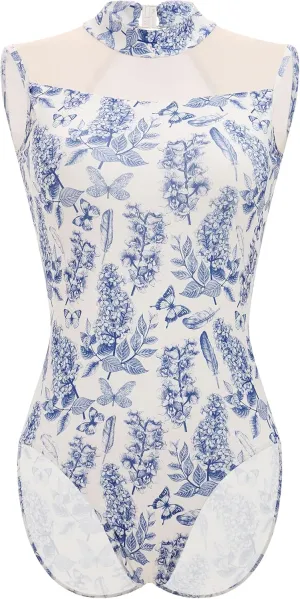 AFAVOM Ballet Leotards for Women Floral Print Dance Leotard Mesh Backless Bodysuit Adult Ballerina Gymnastics Dancewear Tops