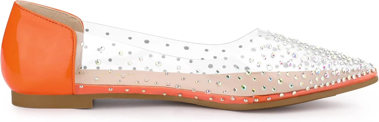 Allegra K Women's Pointed Toe Clear Rhinestone Ballet Flats