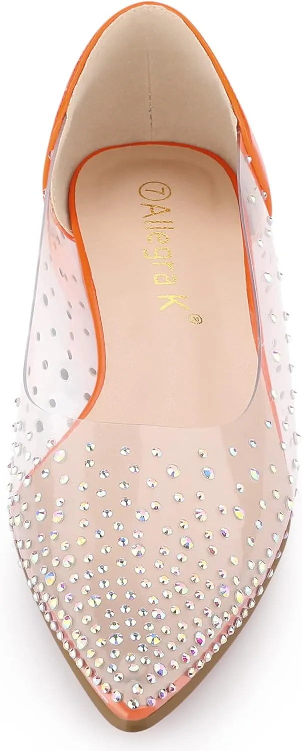 Allegra K Women's Pointed Toe Clear Rhinestone Ballet Flats