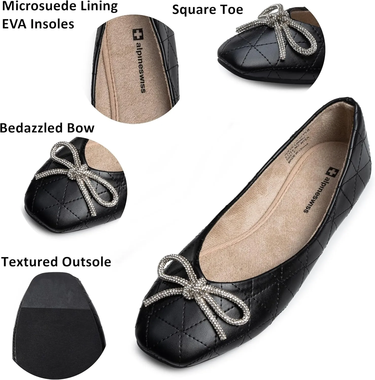 Alpine Swiss Myla Womens Ballet Flats Square Toe Rhinestone Bow Dressy Slip On Shoes