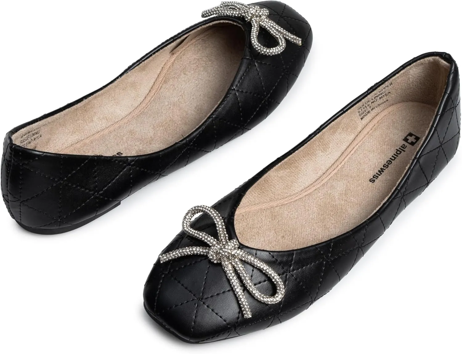 Alpine Swiss Myla Womens Ballet Flats Square Toe Rhinestone Bow Dressy Slip On Shoes