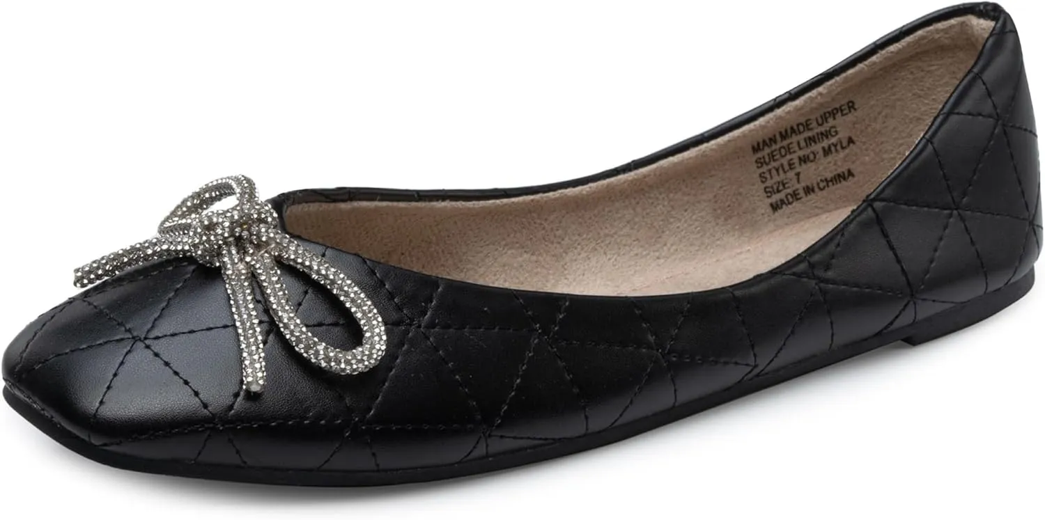 Alpine Swiss Myla Womens Ballet Flats Square Toe Rhinestone Bow Dressy Slip On Shoes