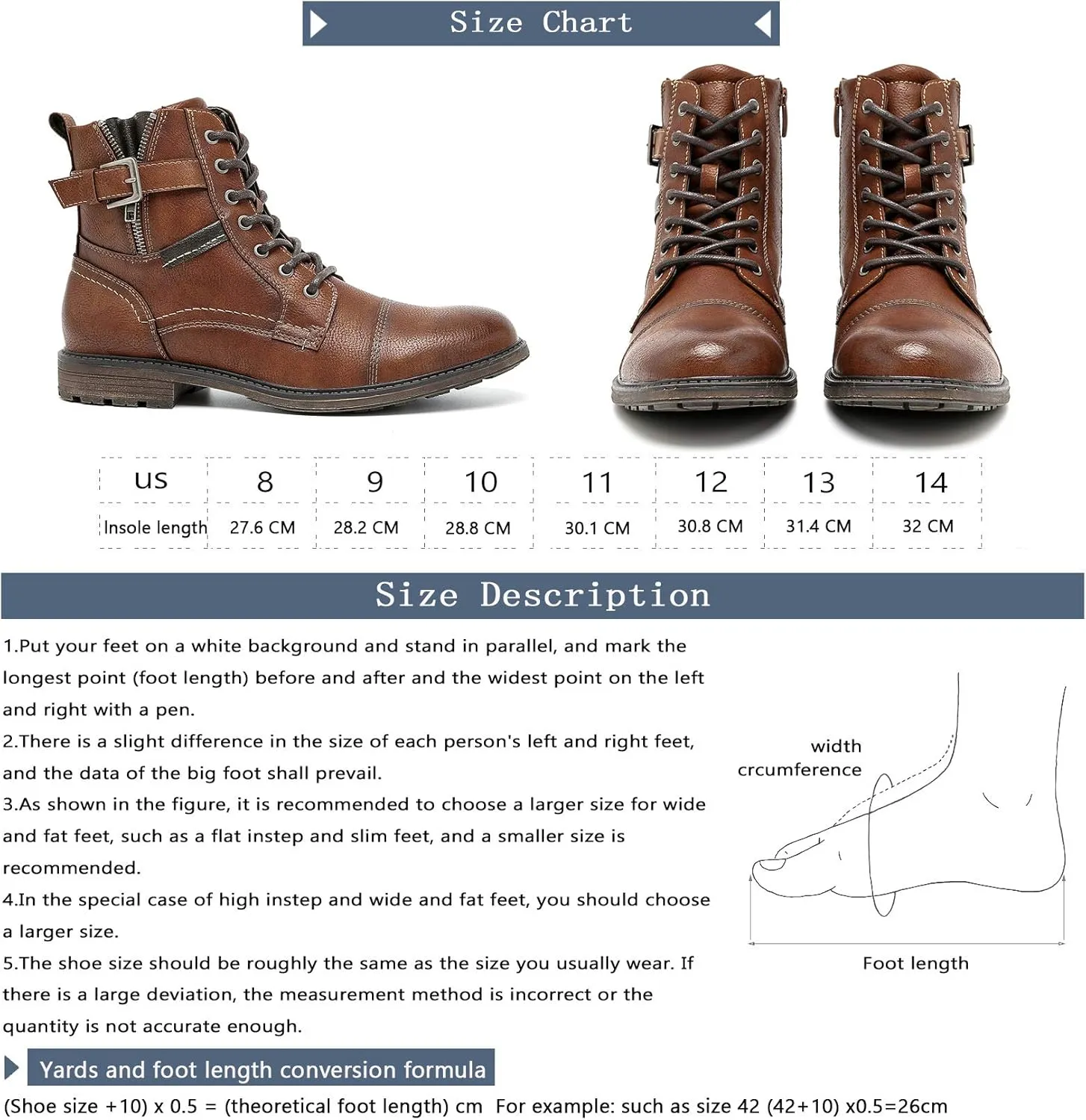 AMAPO Men Oxford Boots, Buckle Dress Boot, Casual Men Boots Lace-Up Side Zipper