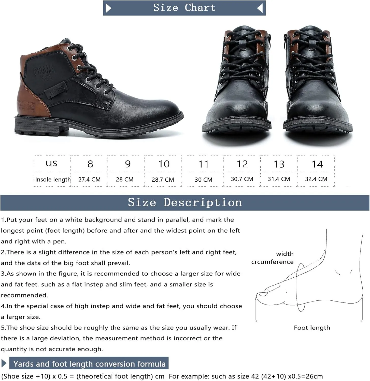 AMAPO Men Oxford Boots, Buckle Dress Boot, Casual Men Boots Lace-Up Side Zipper