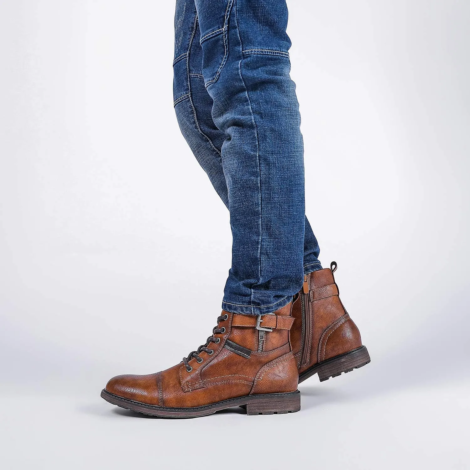 AMAPO Men Oxford Boots, Buckle Dress Boot, Casual Men Boots Lace-Up Side Zipper