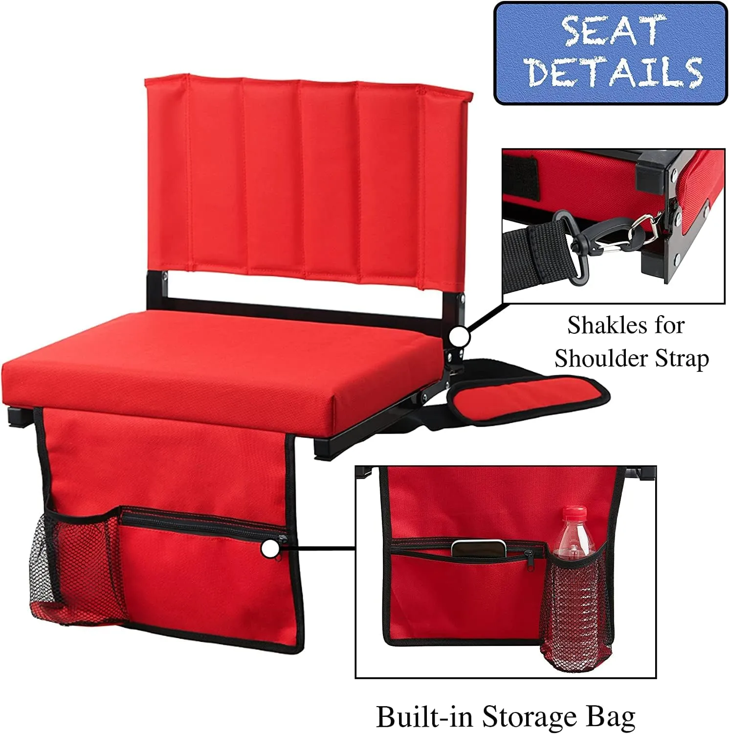 Amazing for less Stadium Seat for Bleachers with Padded Cushion Foldable Stadium Seat Chairs with Back Support, Shoulder Strap, Built-in Cup Holder (Red, 2-Chairs)