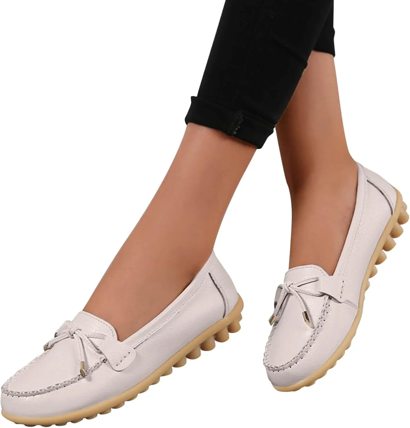 AMDBEL Flats Shoes Women Dressy Comfortable Women's Leather Slip On Loafers Casual Round Toe Moccasins Wild Driving Boat Flat