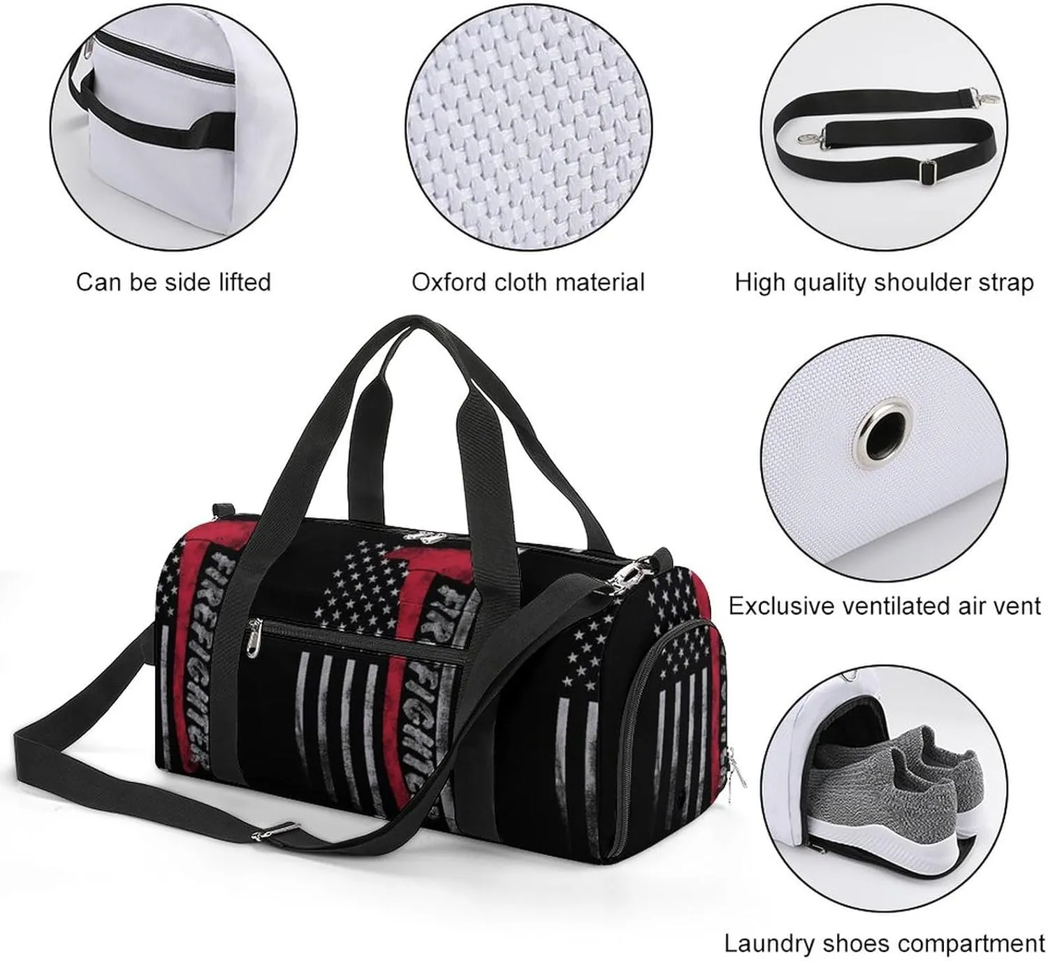 America Flag Firefighter Sport Gym Duffle Travel Bag with Shoe Compartment,Wet Pocket for Men and Women