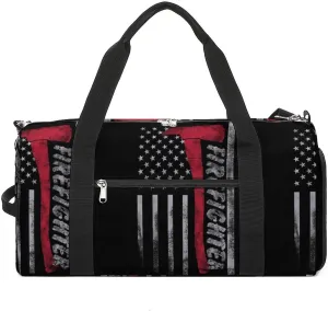 America Flag Firefighter Sport Gym Duffle Travel Bag with Shoe Compartment,Wet Pocket for Men and Women