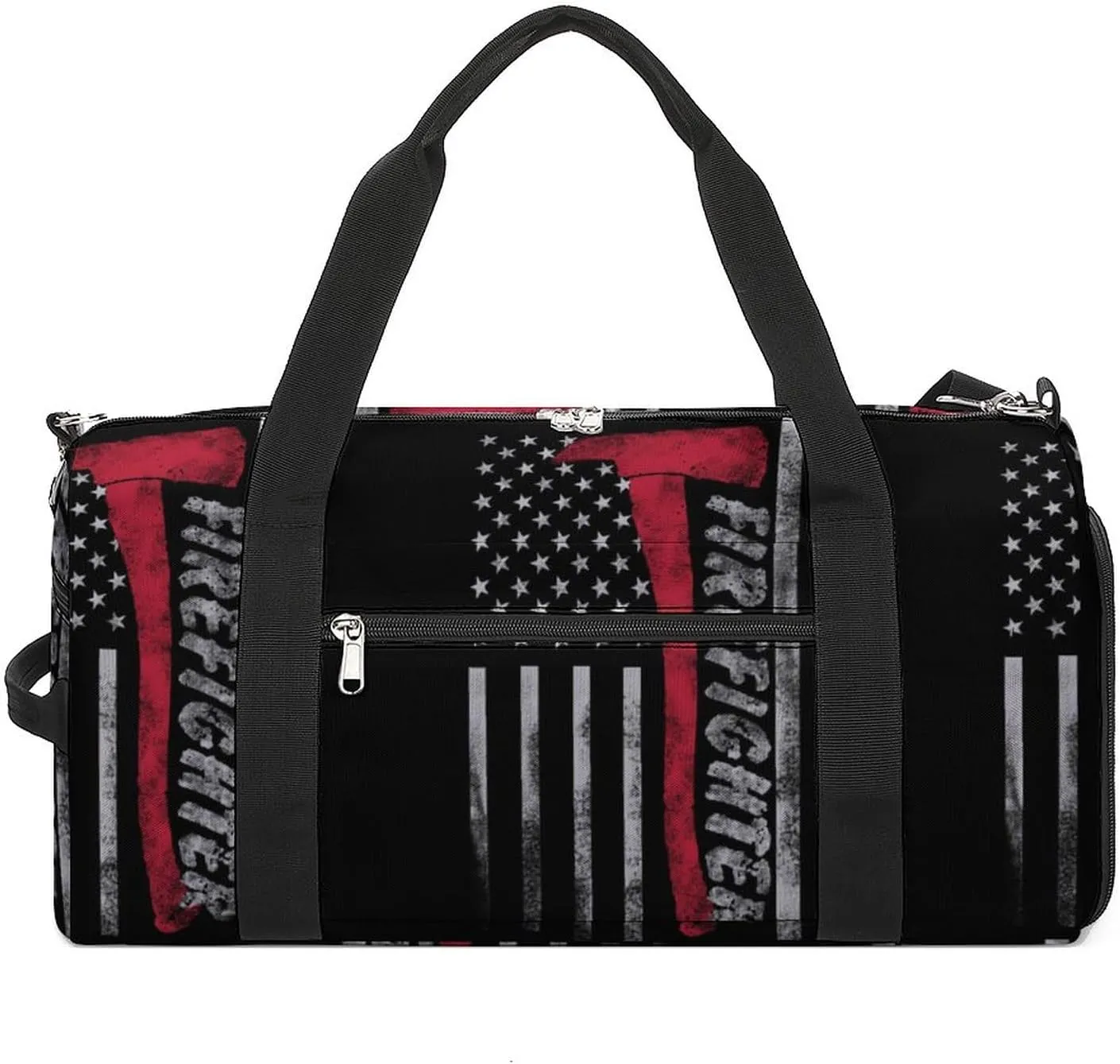 America Flag Firefighter Sport Gym Duffle Travel Bag with Shoe Compartment,Wet Pocket for Men and Women