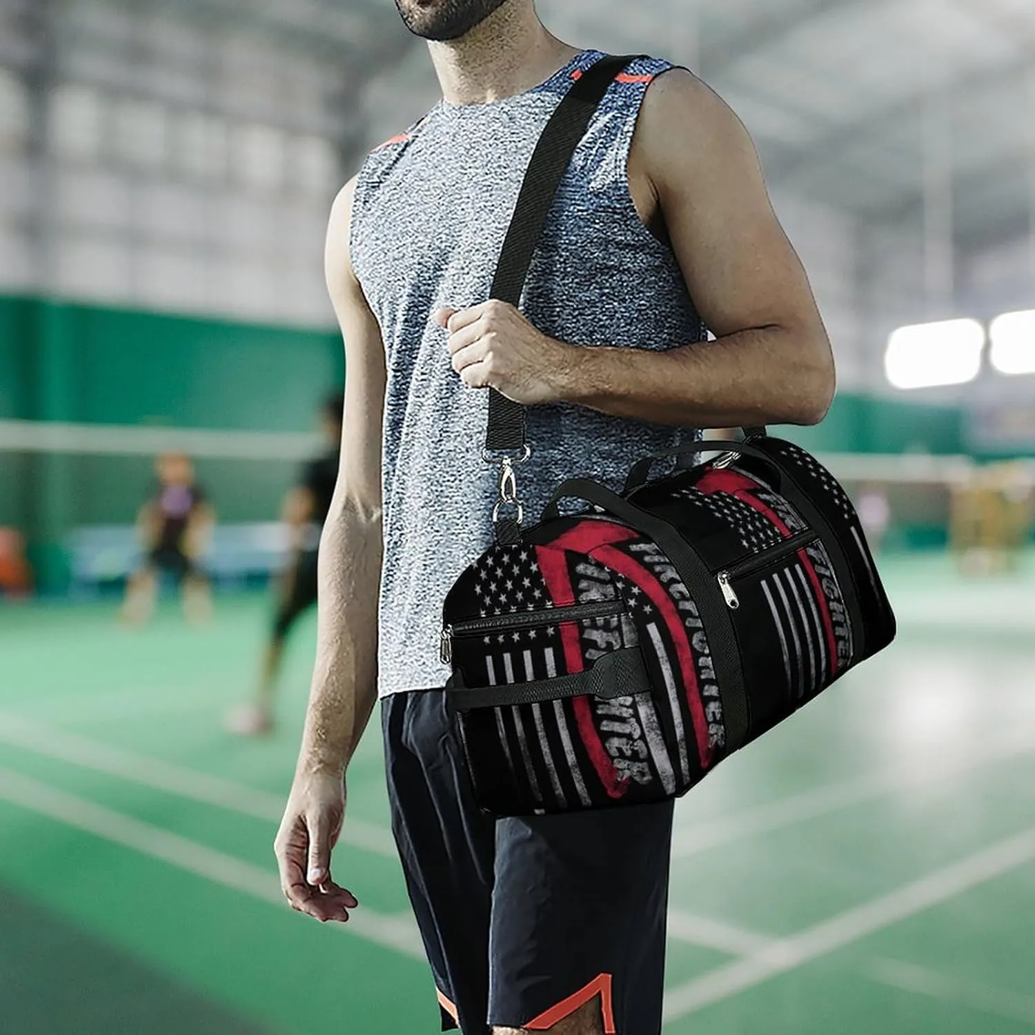 America Flag Firefighter Sport Gym Duffle Travel Bag with Shoe Compartment,Wet Pocket for Men and Women