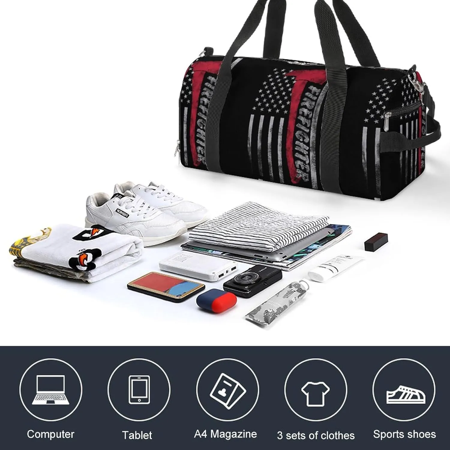 America Flag Firefighter Sport Gym Duffle Travel Bag with Shoe Compartment,Wet Pocket for Men and Women