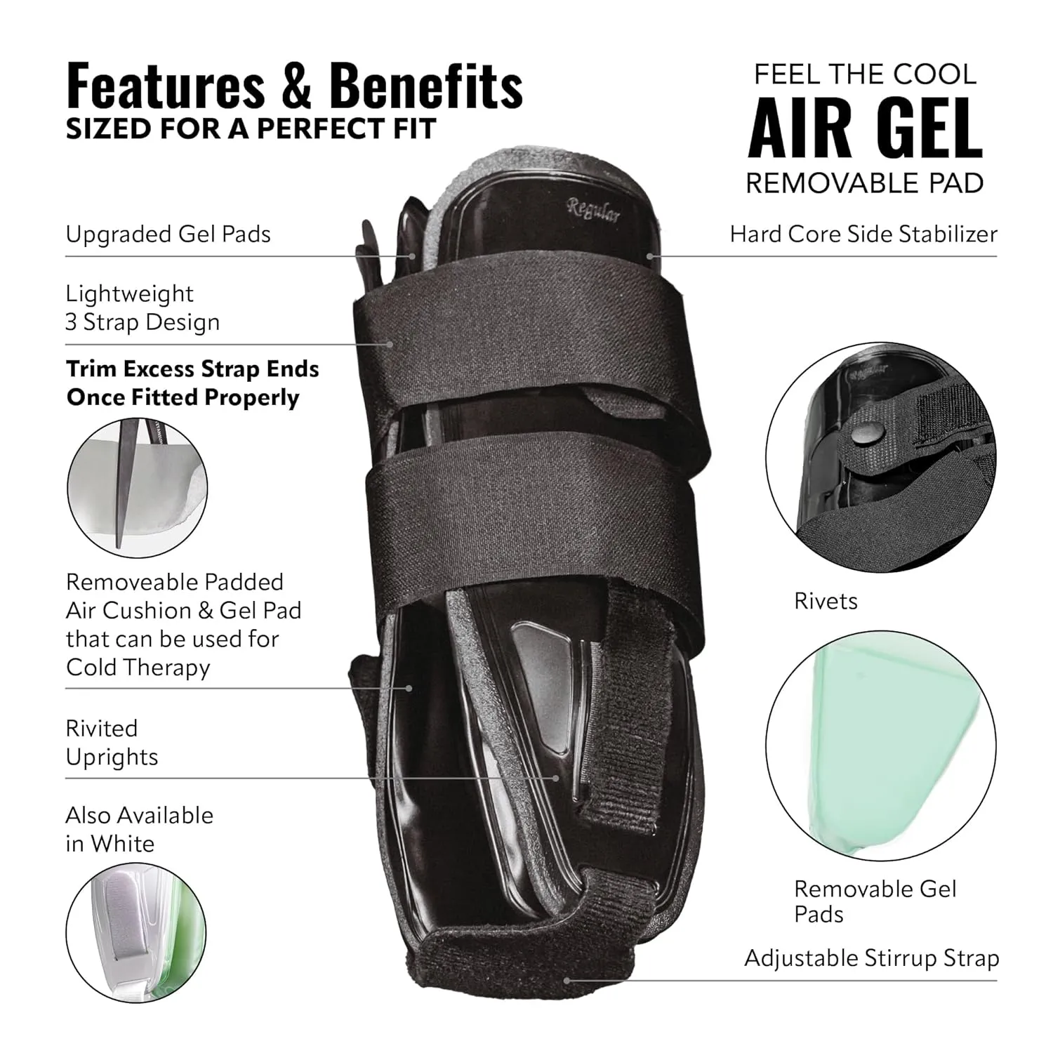 AnklePro Air Gel Stirrup Ankle Brace, Hard Core Side Stabilizer With Removable Cold Therapy Air Cushion & Gel Pad for Ankles, Ankle Brace for Women and Men, Ankle Support, Small, Black