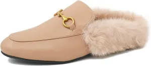 Arqa Fur Mules for Women Comfortable Leather Buckle Mule Flats Furry Padded Backless Loafers Casual Slides Shoes