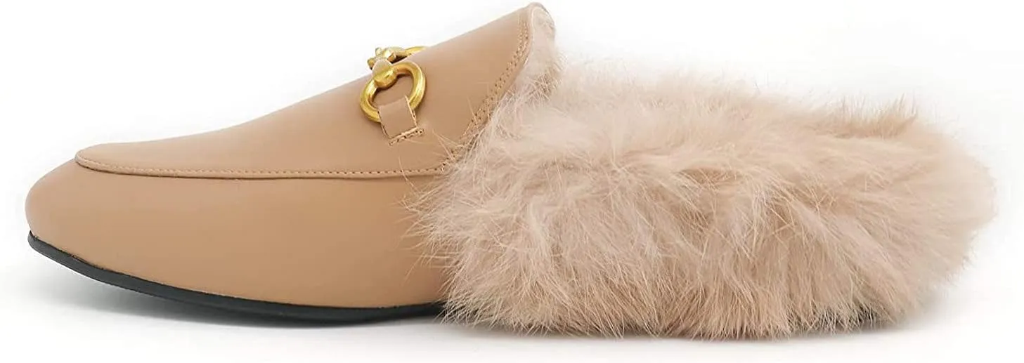 Arqa Fur Mules for Women Comfortable Leather Buckle Mule Flats Furry Padded Backless Loafers Casual Slides Shoes