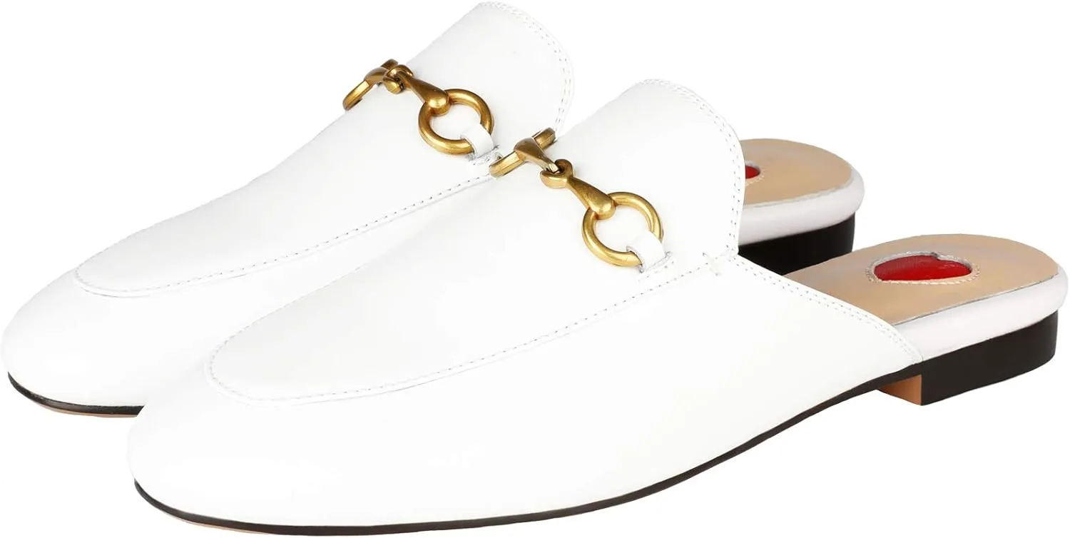 Arqa Mules for Women Almond Toe Leather Flats Slip-on Comfort Backless Loafers Buckle Mule Shoes