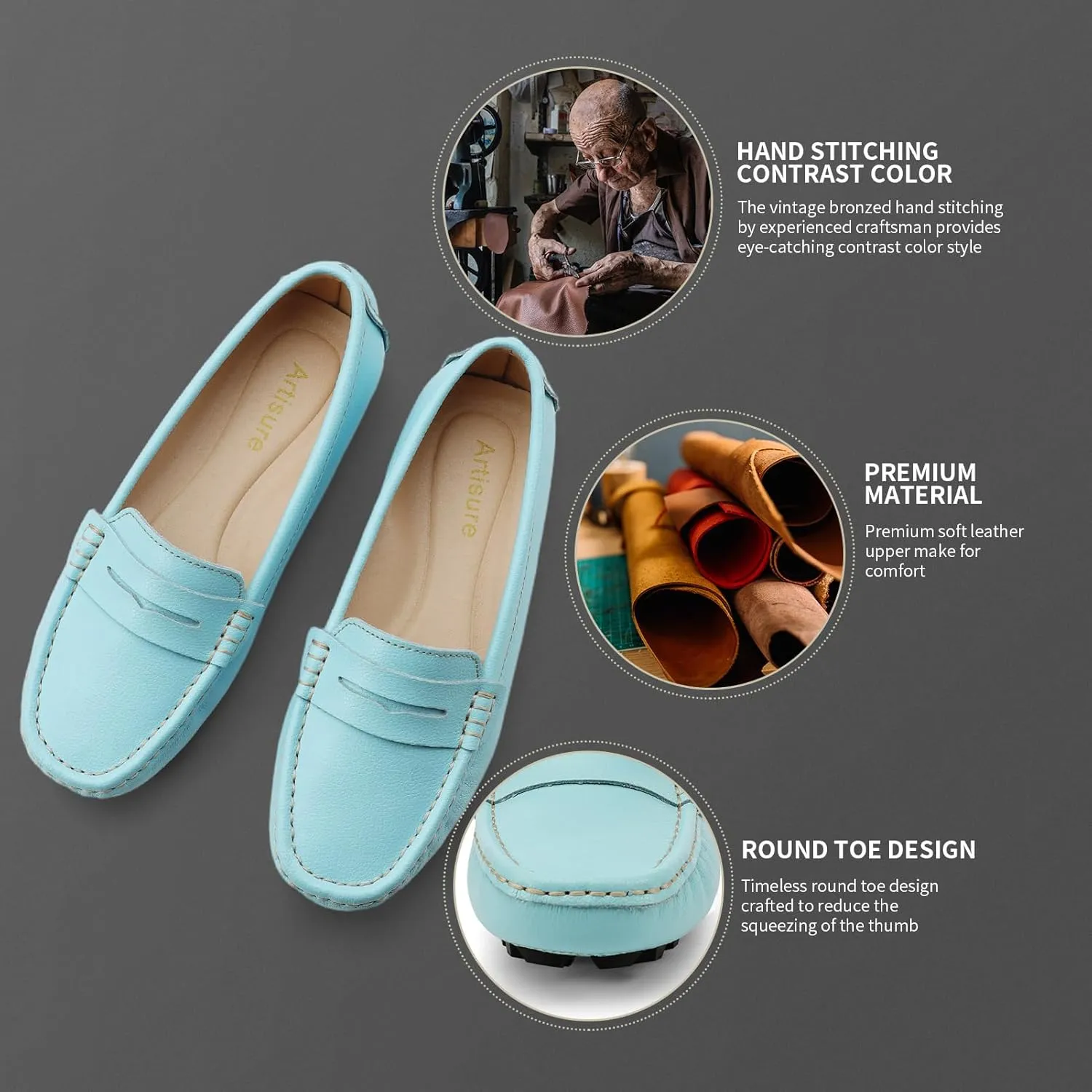 Artisure Women's Classic Comfort Leather Penny Loafers Casual Slip-Ons Lightweight Walking Flats Driving Mocs Boat Shoes