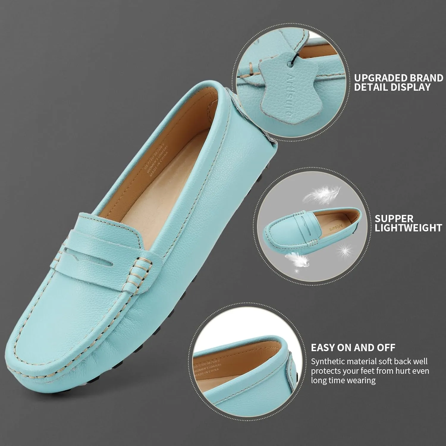 Artisure Women's Classic Comfort Leather Penny Loafers Casual Slip-Ons Lightweight Walking Flats Driving Mocs Boat Shoes