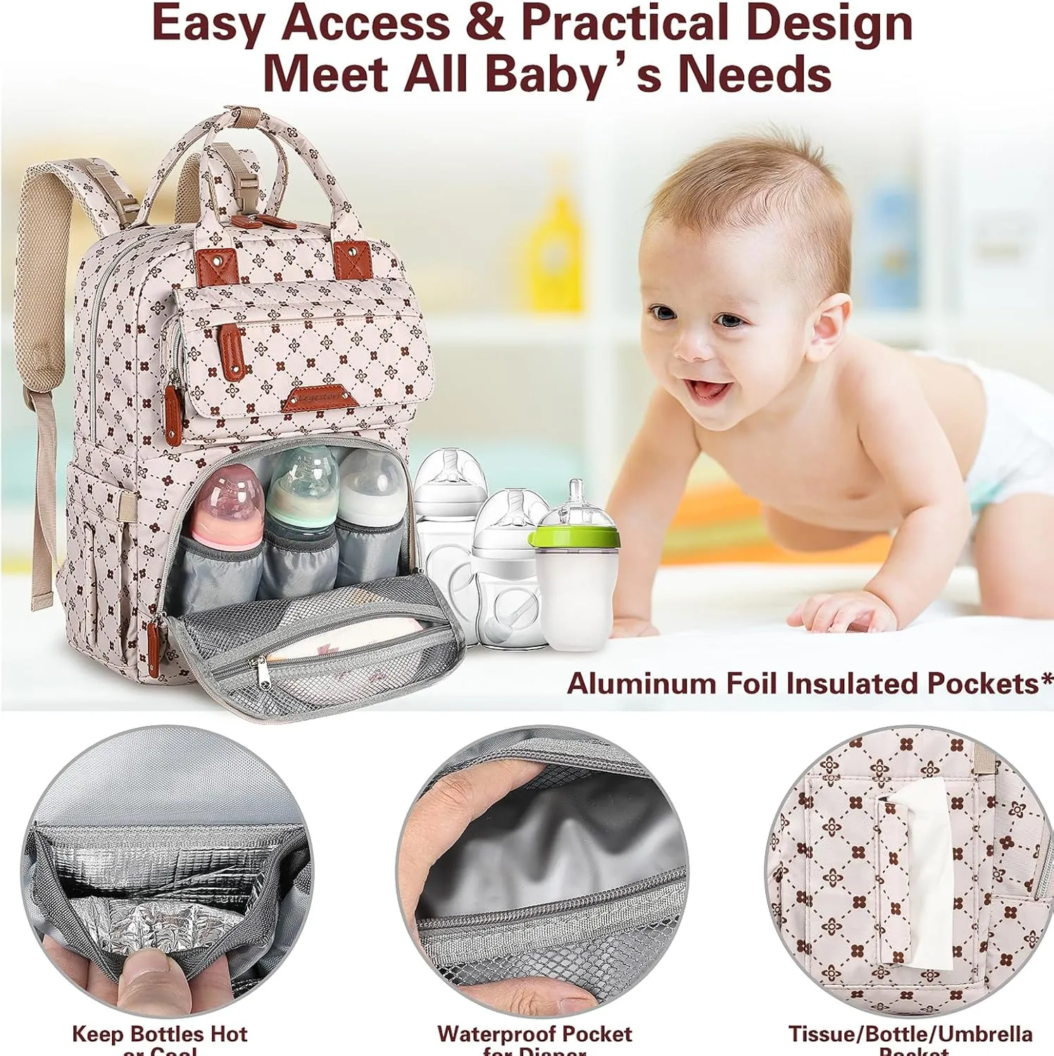 Baby Diaper Bag Backpack, Baby Bag for Girls Large Capacity with Stylish Flora, Travel Back Pack Multifunction Waterproof, Newborn Baby Registry Shower Gifts, Pink05