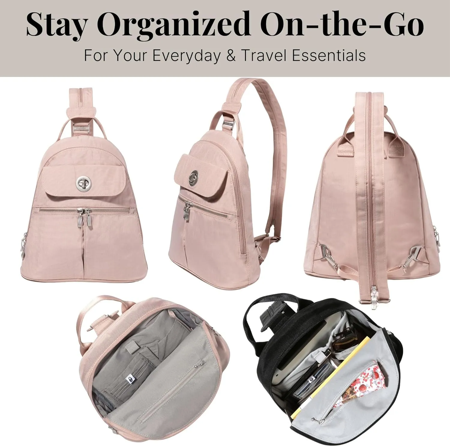 Baggallini Naples Convertible Small Daypack Sling Crossbody, Ballet Pink