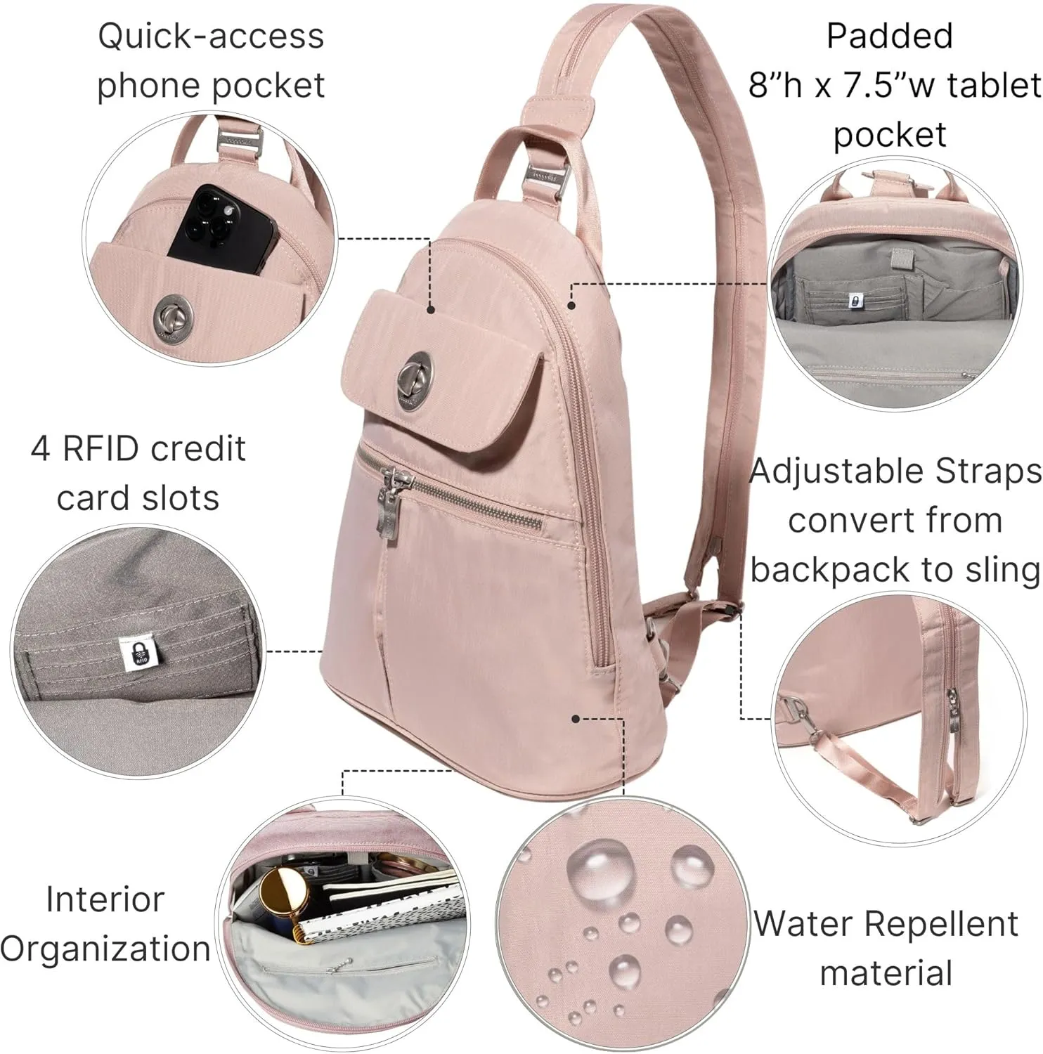 Baggallini Naples Convertible Small Daypack Sling Crossbody, Ballet Pink