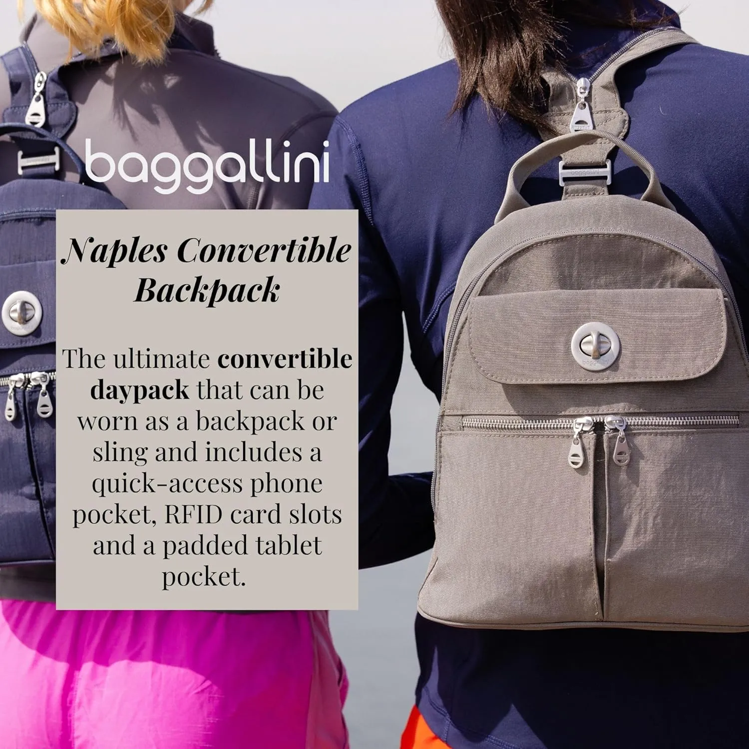Baggallini Naples Convertible Small Daypack Sling Crossbody, Ballet Pink