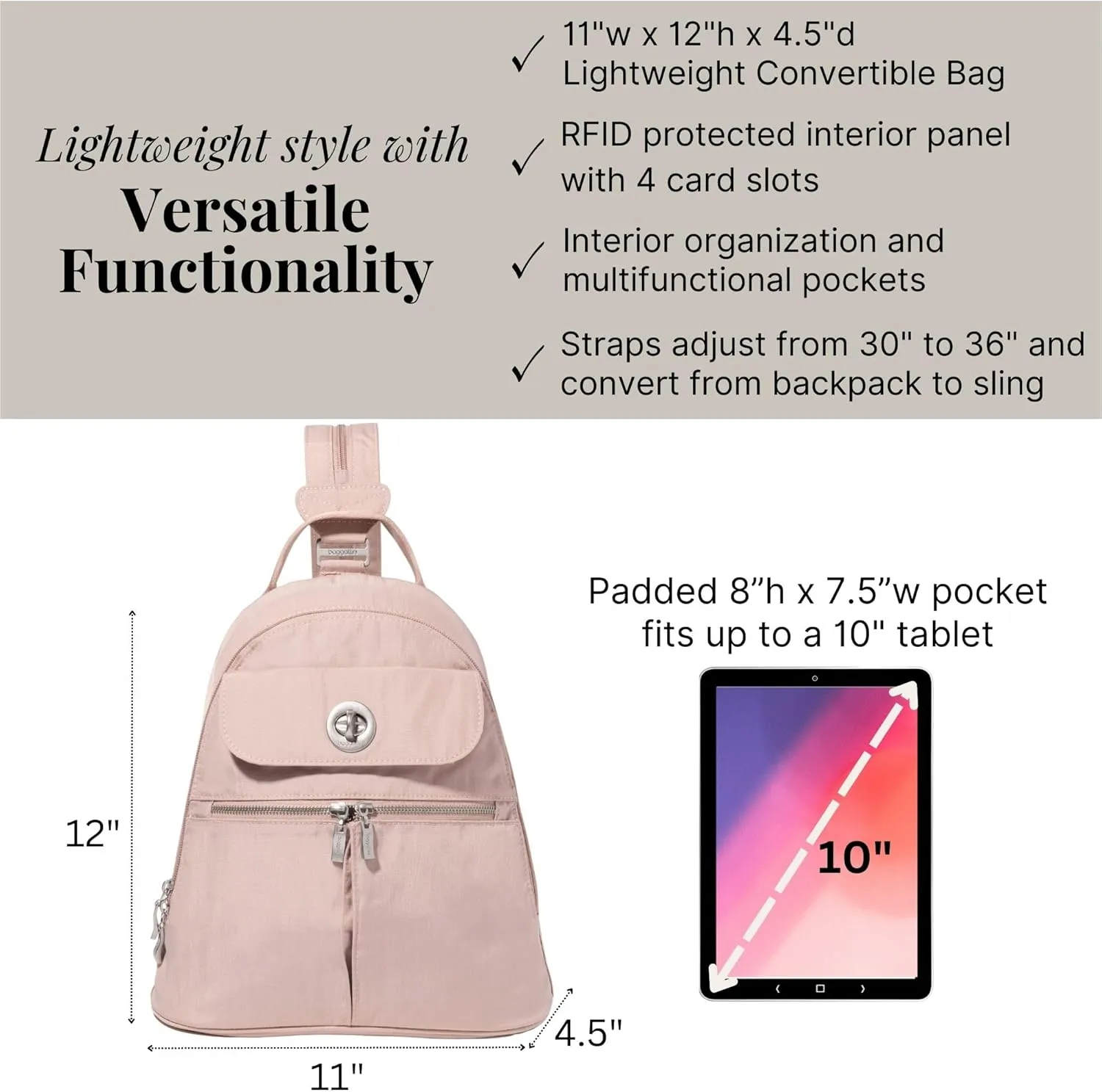 Baggallini Naples Convertible Small Daypack Sling Crossbody, Ballet Pink