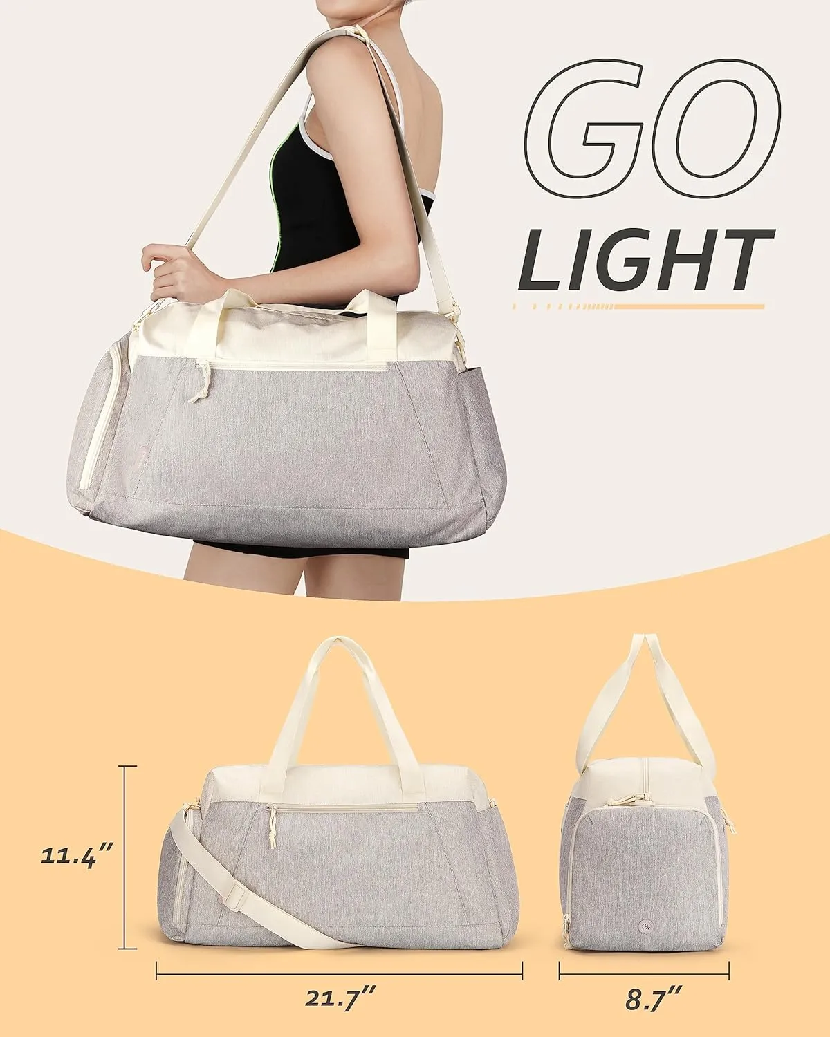 BAGSMART Gym Bags for Men Women, 40L Foldable Travel Duffle Bag, Lightweight Weekender Duffel Bag With Shoe Compartment, Water Resistant Workout Duffle Sports Bag for Travel Yoga, Beige