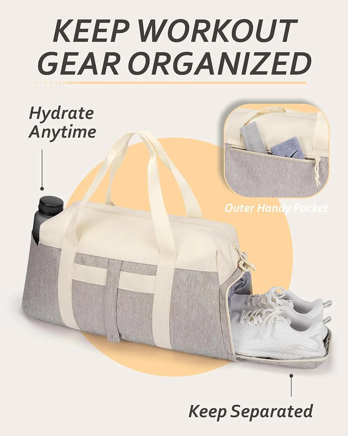 BAGSMART Gym Bags for Men Women, 40L Foldable Travel Duffle Bag, Lightweight Weekender Duffel Bag With Shoe Compartment, Water Resistant Workout Duffle Sports Bag for Travel Yoga, Beige