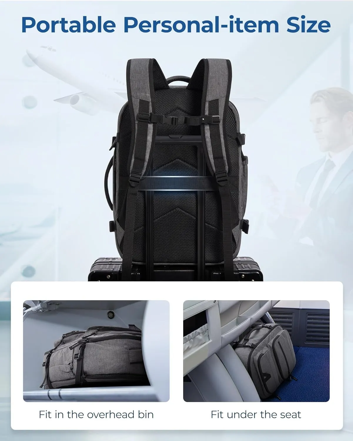 BAGSMART Travel Backpack for Women Men, 40L Flight Approved Carry on Backpack with Shoe Bag, TSA Large Personal Item Backpack with 17 Inch Laptop Compartment, Weekender Suitcase for Travel, Grey