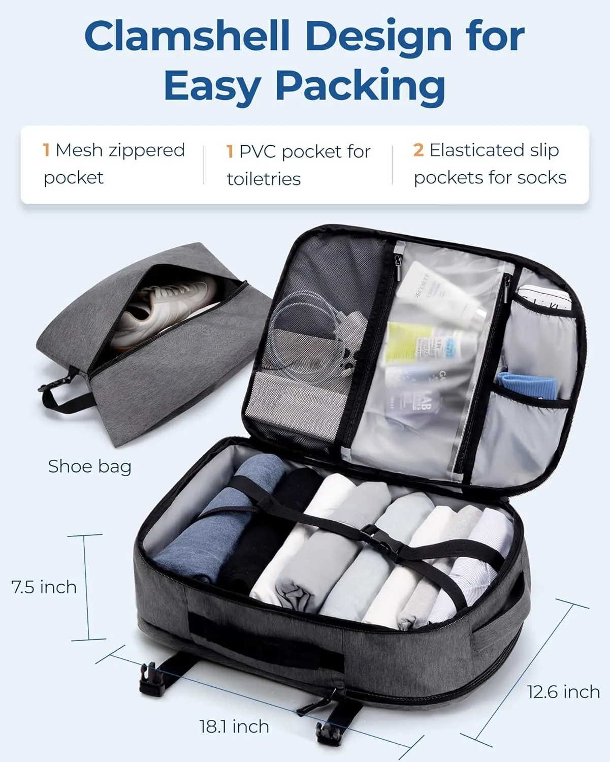 BAGSMART Travel Backpack for Women Men, 40L Flight Approved Carry on Backpack with Shoe Bag, TSA Large Personal Item Backpack with 17 Inch Laptop Compartment, Weekender Suitcase for Travel, Grey