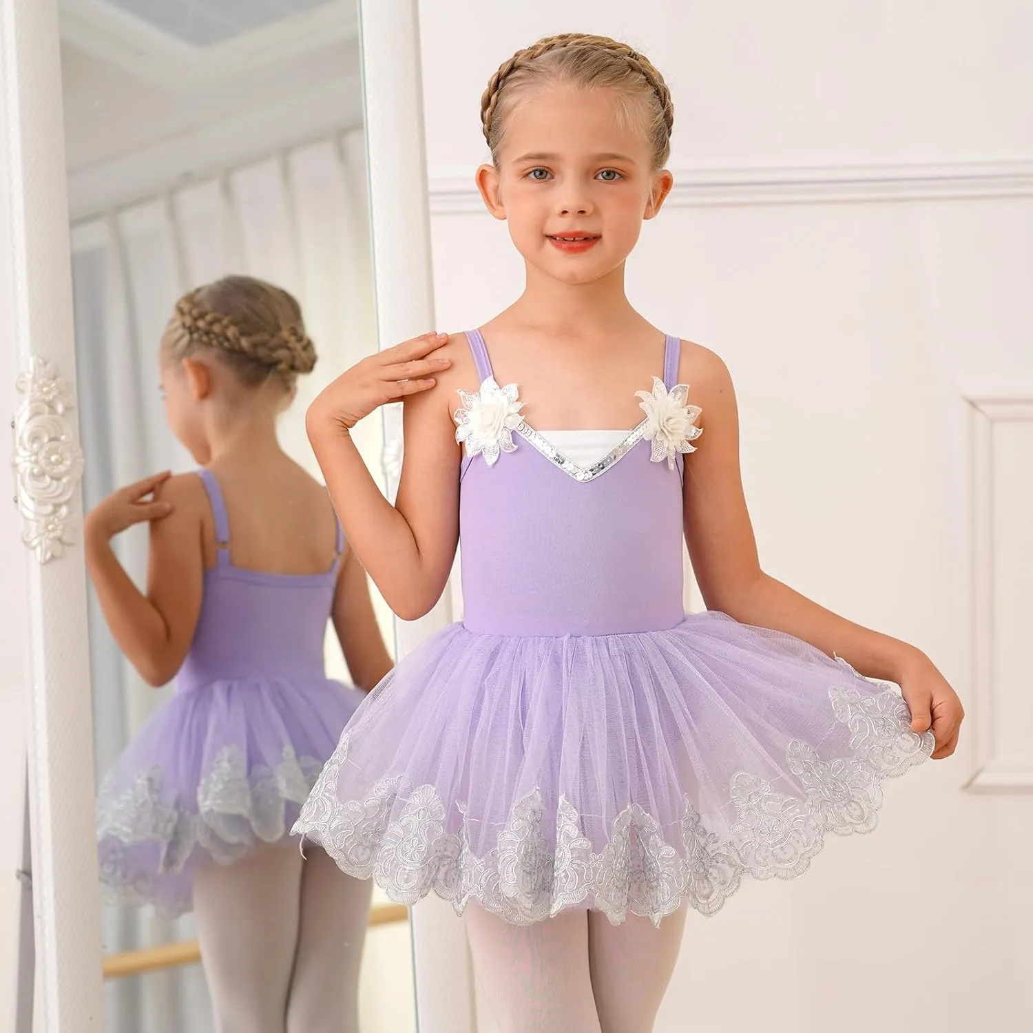 Ballerina Dress Ballet Leotards for Girl Shiny Sequins Flower Ballerina Tutu Floral Lace Dance Leotards Tulle Skirt