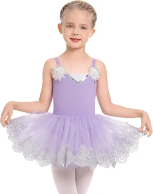Ballerina Dress Ballet Leotards for Girl Shiny Sequins Flower Ballerina Tutu Floral Lace Dance Leotards Tulle Skirt